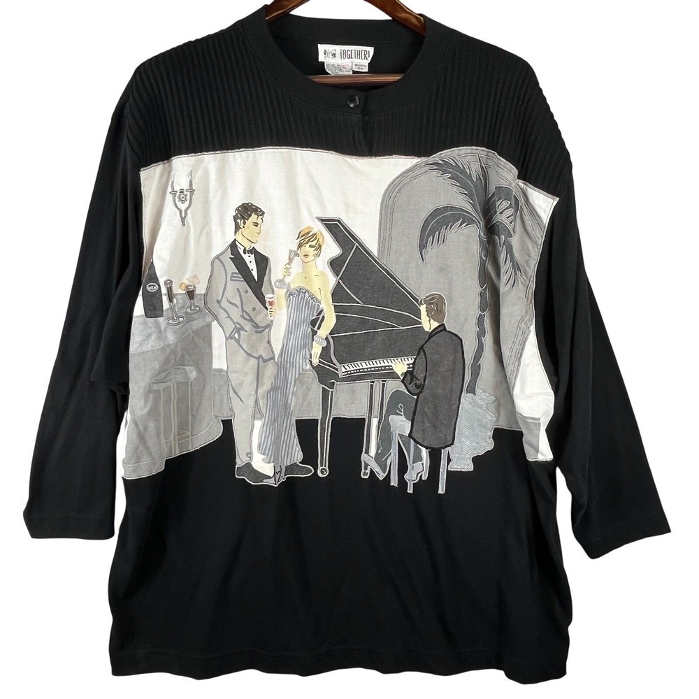 Together Womens 2X Vintage Beaded Piano Scene Top Black Gray Art Deco Party